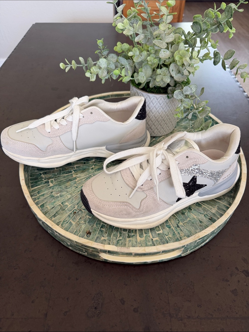 Vintage Havana White and Silver Lace-Up Sneakers with Black Star